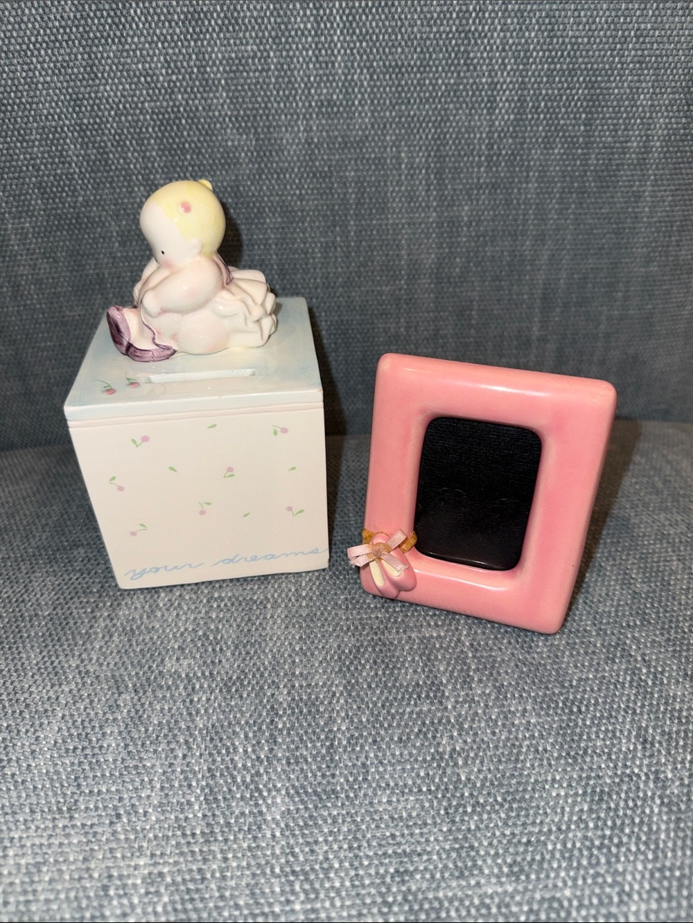 Set of Ballet Themed Home Pink Ceramic Accents - small photo frame and coin bank